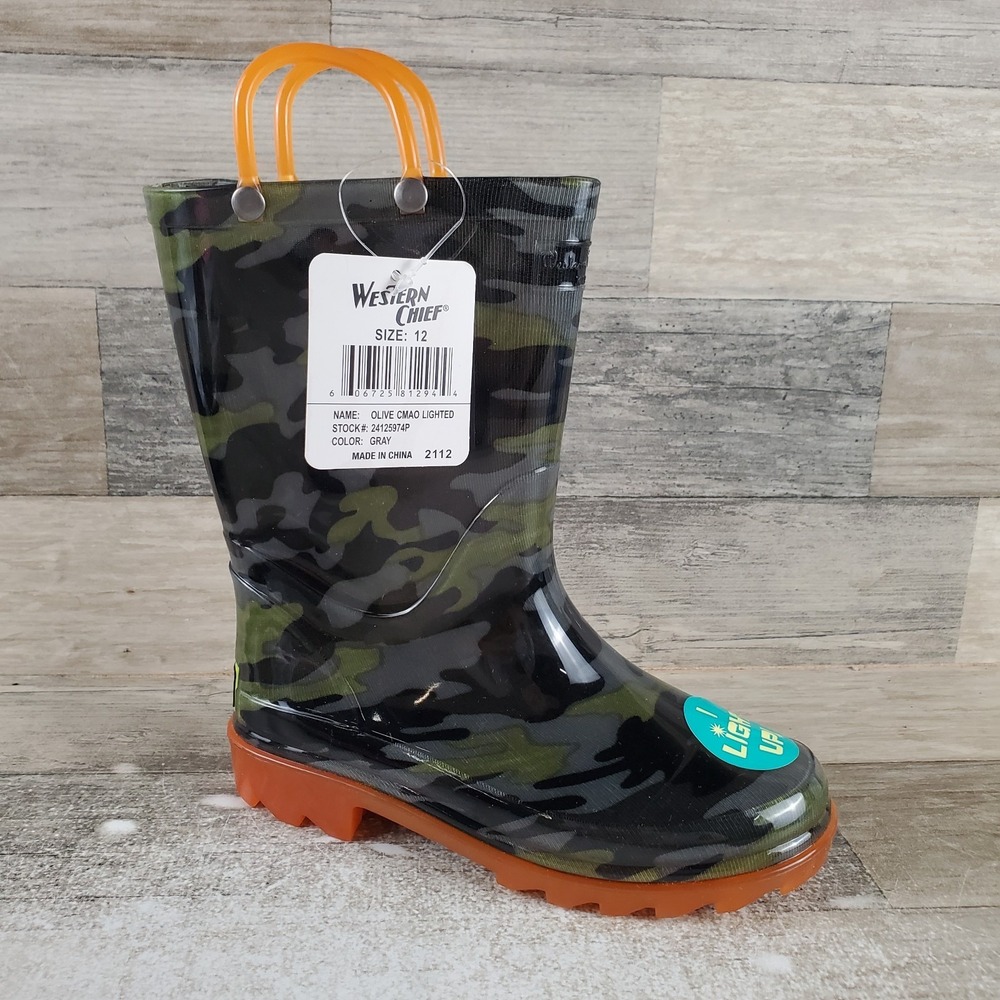Western Chief Kids Rain Boot Sz‎ 12 Olive Camo Lighted Gray Mid-Top Round Toe